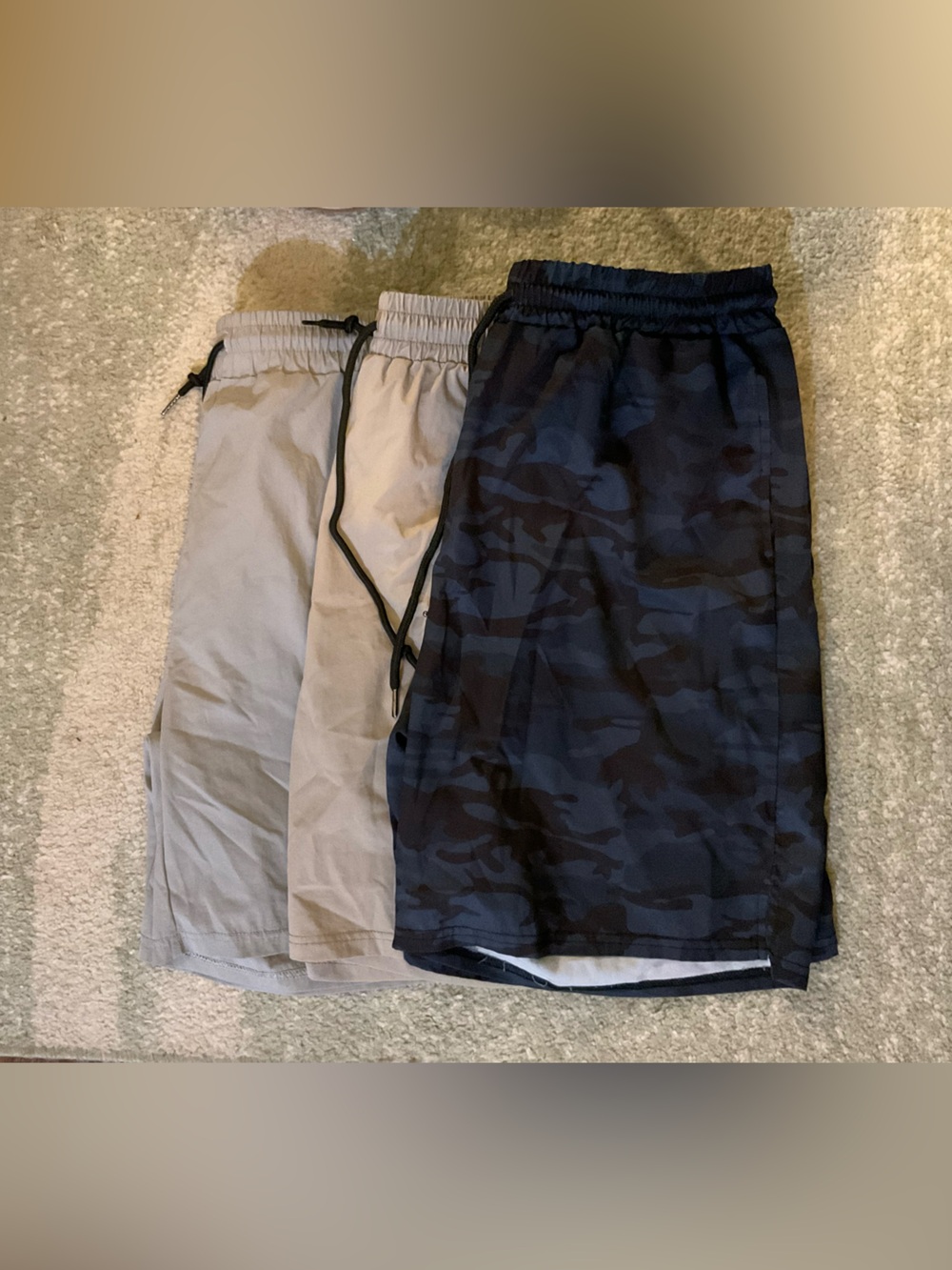 Men's Athletic Drawstring Shorts in Light Gray, Khaki & Navy Camo